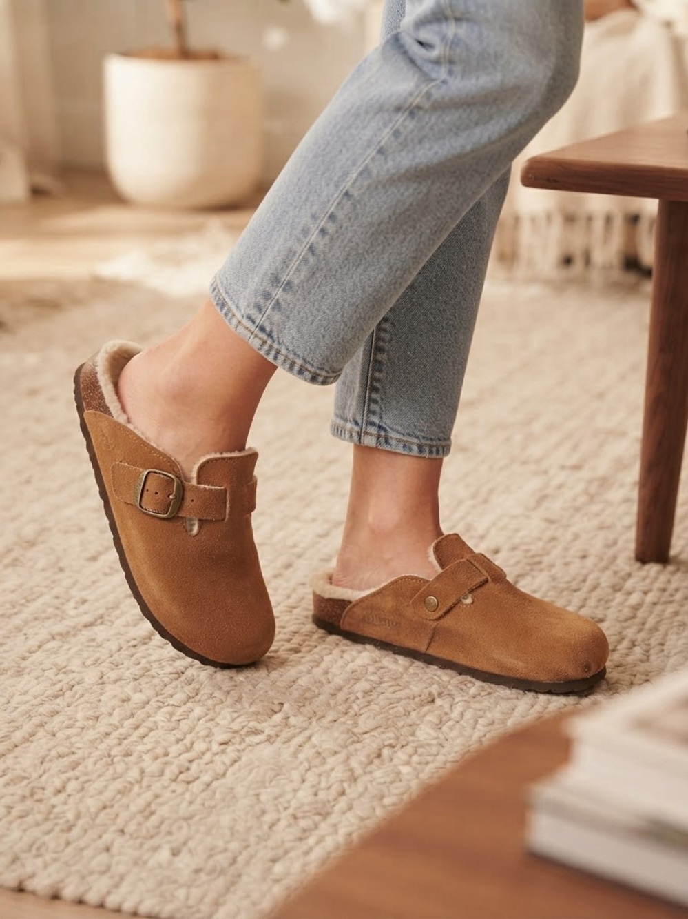 CUSHIONAIRE Bronco Faux Fur Lined Suede Clogs 8 Chestnut $65 Retail NEW